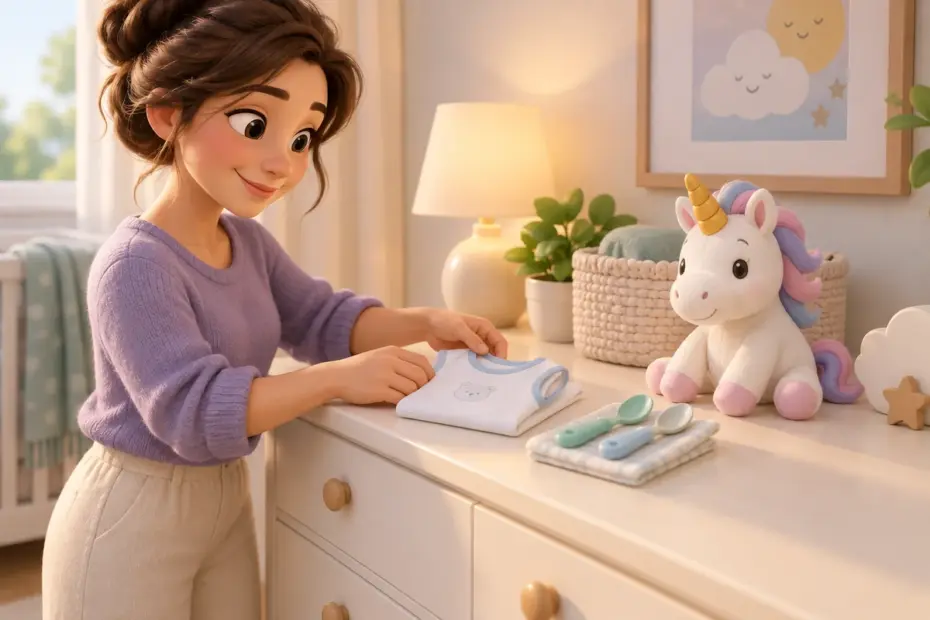 A caregiver organizes clothing, utensils, and a unicorn toy.