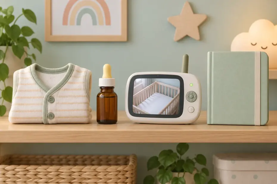 A tidy nursery shelf holds a baby vest, a video monitor, vitamin drops, and a record book.