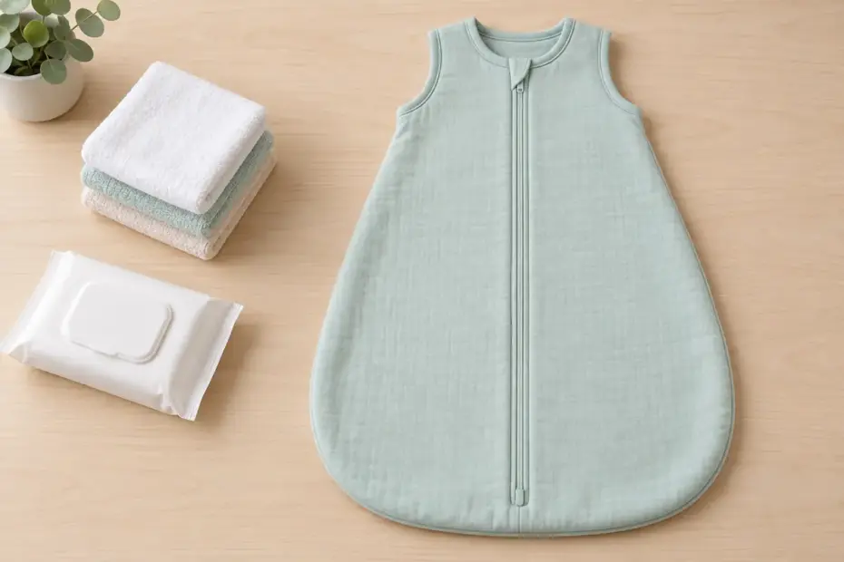 Washcloths and wipes sit beside a sleeveless wearable blanket laid flat.