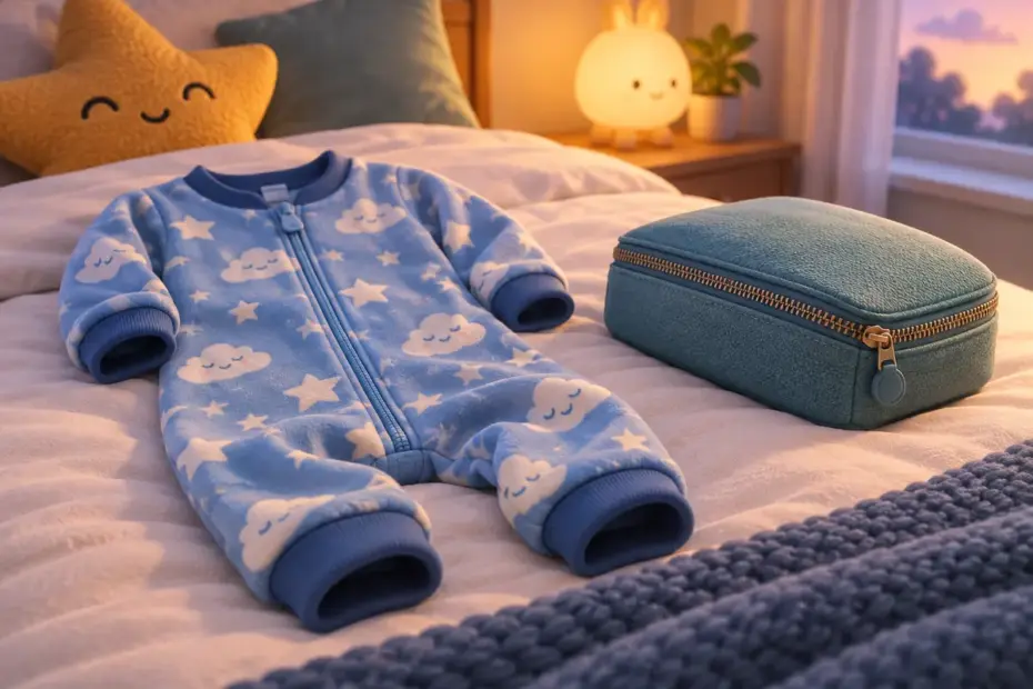 Zip-up pajamas lie beside a closed zipper pouch.