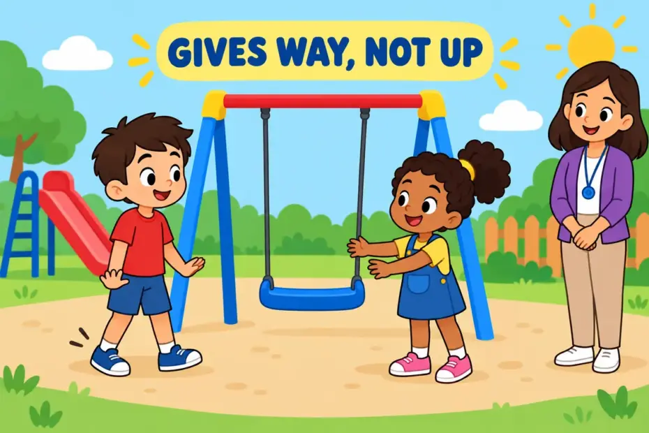 Two cartoon children argue over a swing until one steps back, showing back down in a sentence as yielding under pressure.