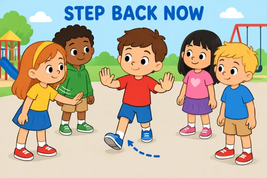 A cartoon child raises both hands and steps back from a crowded circle, showing back off in a sentence as easing away.