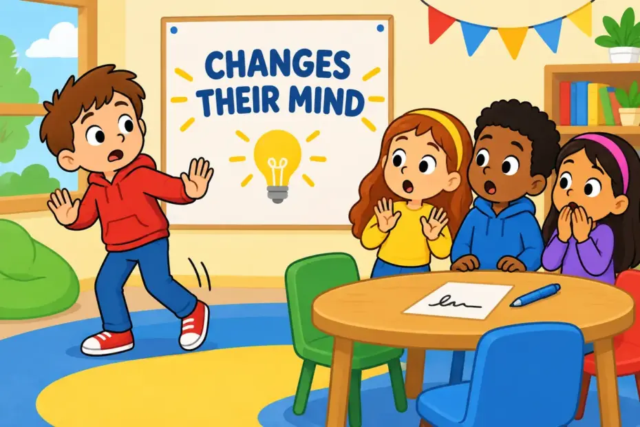 Cartoon boy steps away from a signed team poster, illustrating back out in a sentence as leaving a promise.