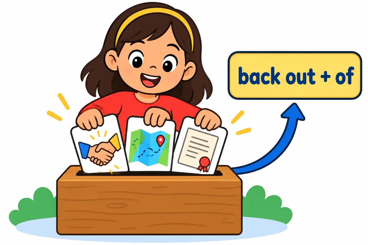 Cartoon cards show a deal, a plan and a promise sliding into a slot labelled of after the words back out.
