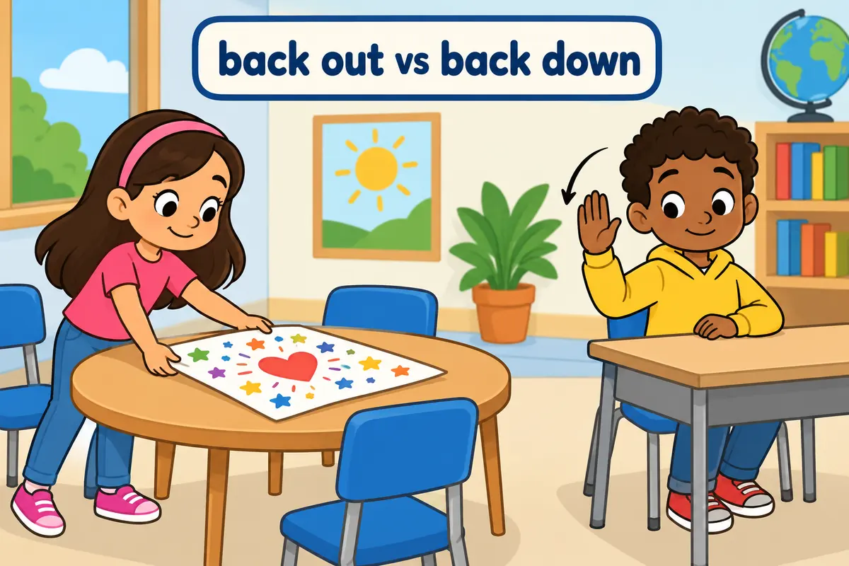 One unified cartoon scene illustrates Back out is about a deal you agreed to; back down is about a position you defended.