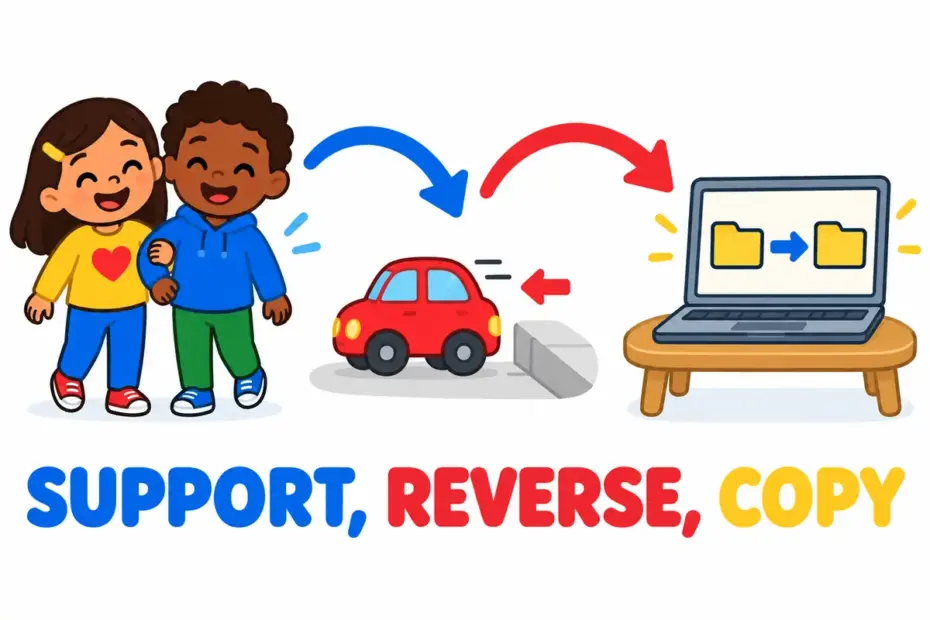 Cartoon friends link arms in support while a toy car reverses and a laptop shows a copy, showing back up in a sentence.