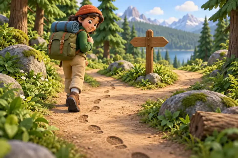 A hiker follows their own footprints back along a forest path toward a trail fork.