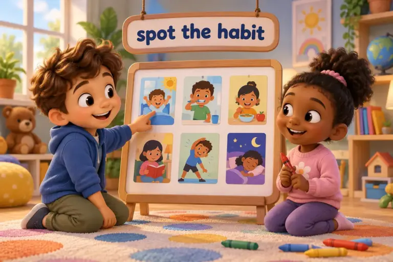 Cartoon children spot bad habits for kids with pictures, pointing at a chart of daily routines.