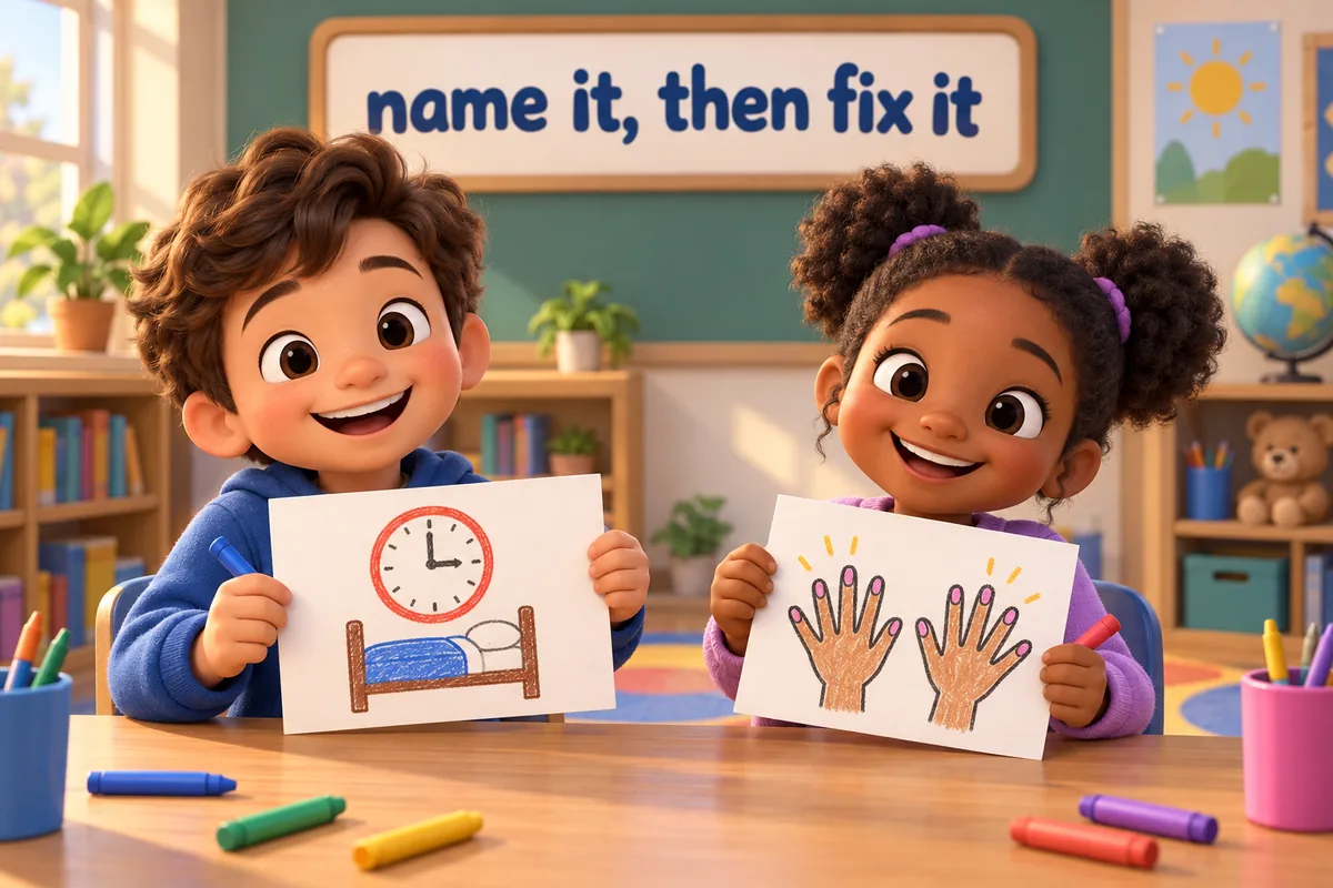 Cartoon children draw simple pictures of bad habits such as nail biting and late waking.