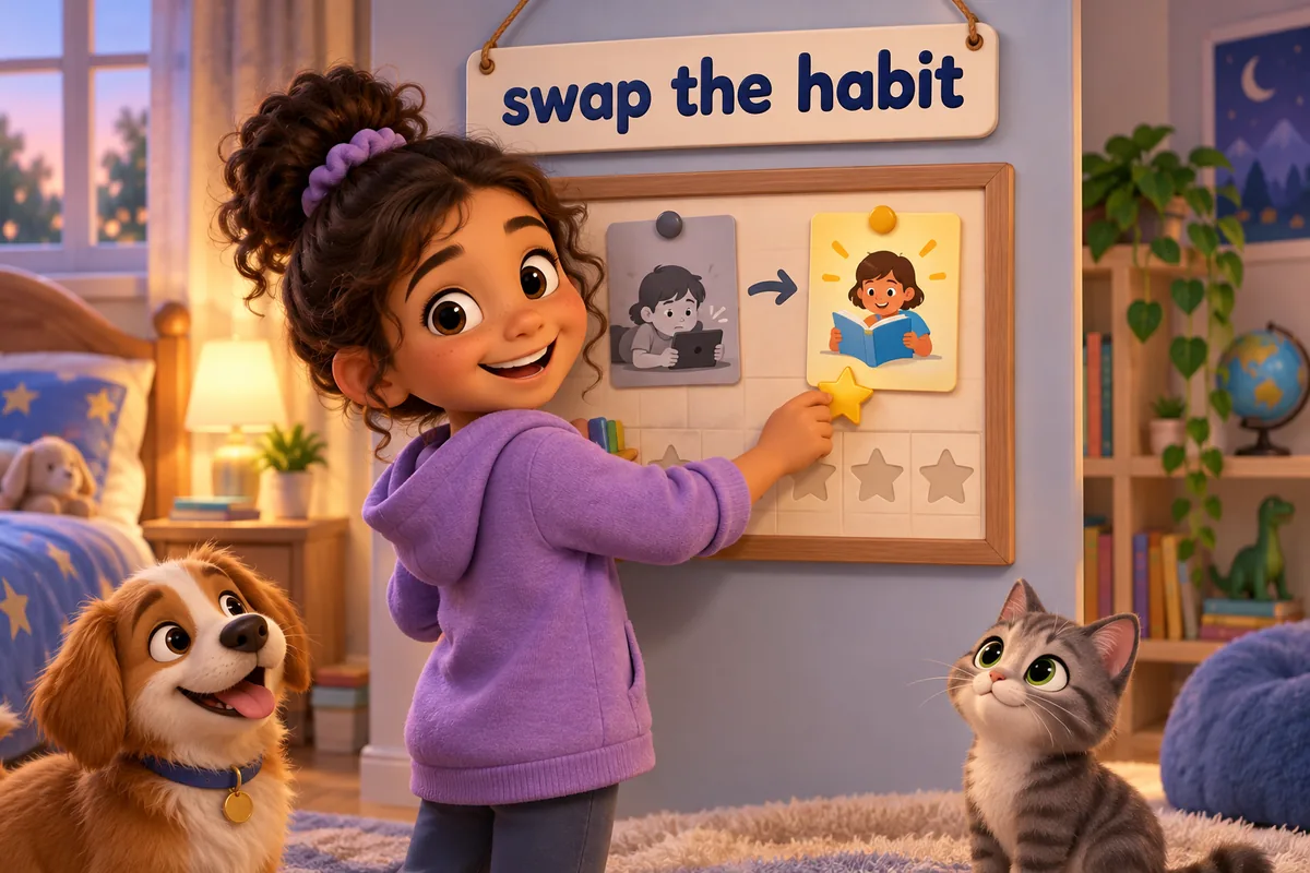 Cartoon children swap a habit card for a good-habit card on a board, earning a star.