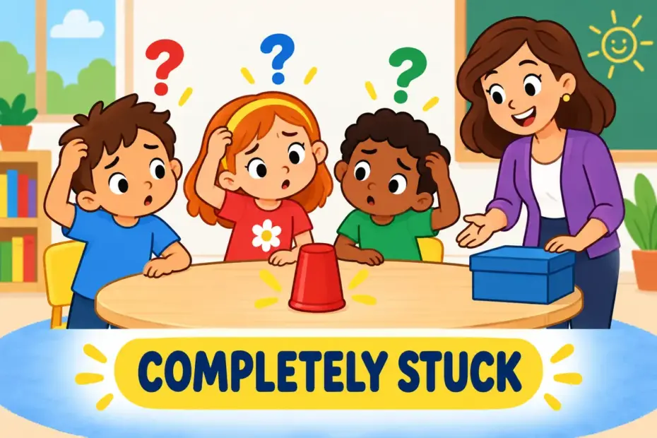 Cartoon pupils stare at a magic trick with open mouths, showing baffle in a sentence as a puzzle nobody can explain.
