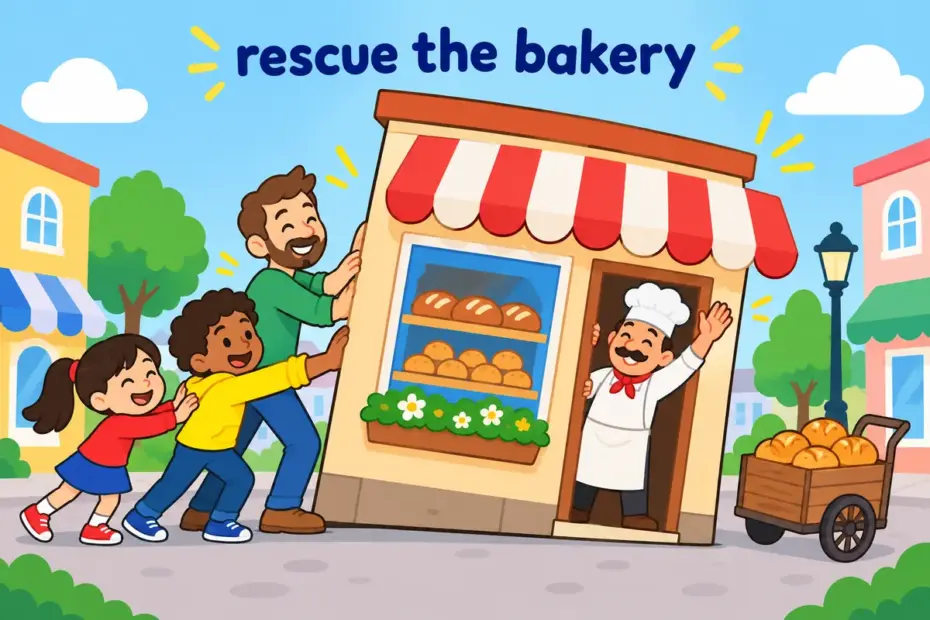 Cartoon townspeople and a smiling baker steady a wobbling shop, showing bail out in a sentence as a rescue from failure.