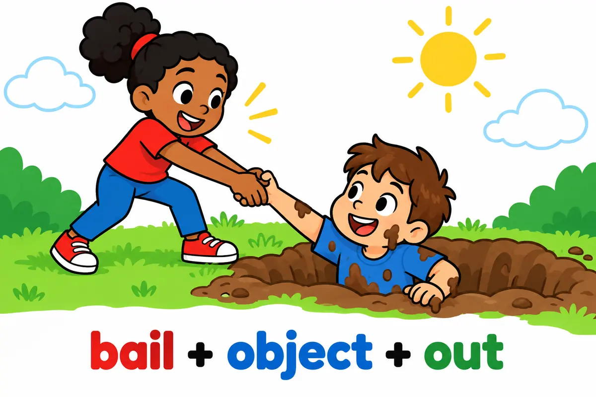One unified cartoon scene illustrates Bail out is separable, so the object may sit between the verb and its particle.