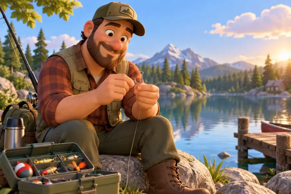 An angler preparing a fishing hook by a lake.
