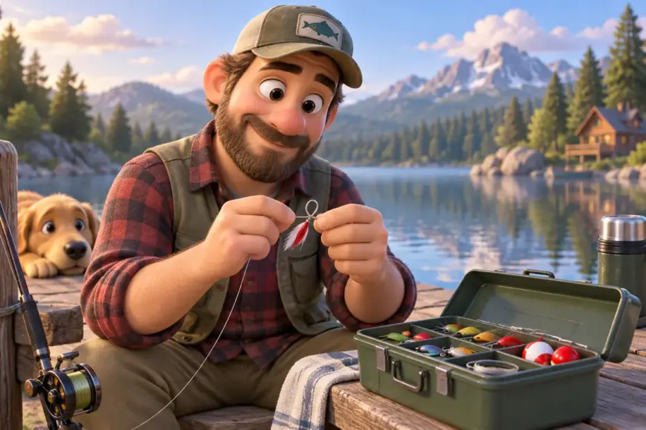 An angler prepares a fishing hook beside a tackle box.