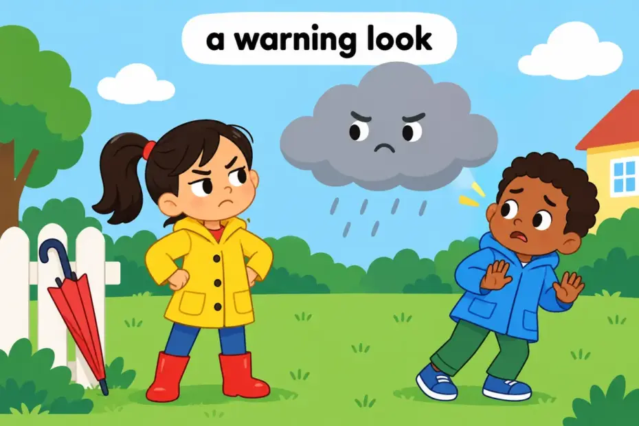 Cartoon child narrows their eyes in a baleful glare toward a dark cloud, showing baleful in a sentence as a warning look.