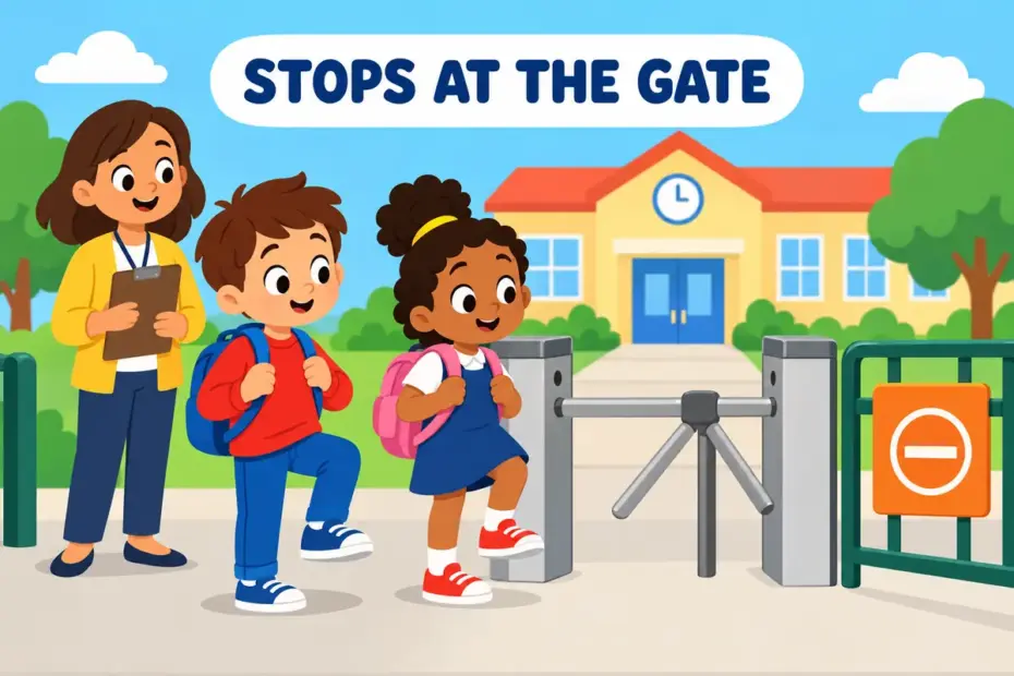 Cartoon children halt before a raised turnstile at a school gate, showing balk in a sentence as stopping short at an obstacle.