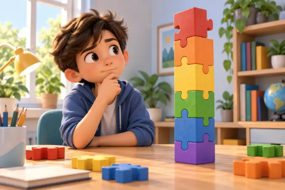 A student pauses before beginning a tall but manageable stack of puzzle blocks.