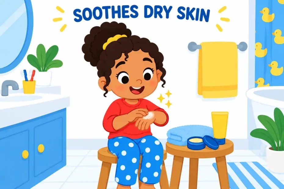 A cartoon child gently rubs balm on chapped hands, showing balm in a sentence as a soothing ointment.