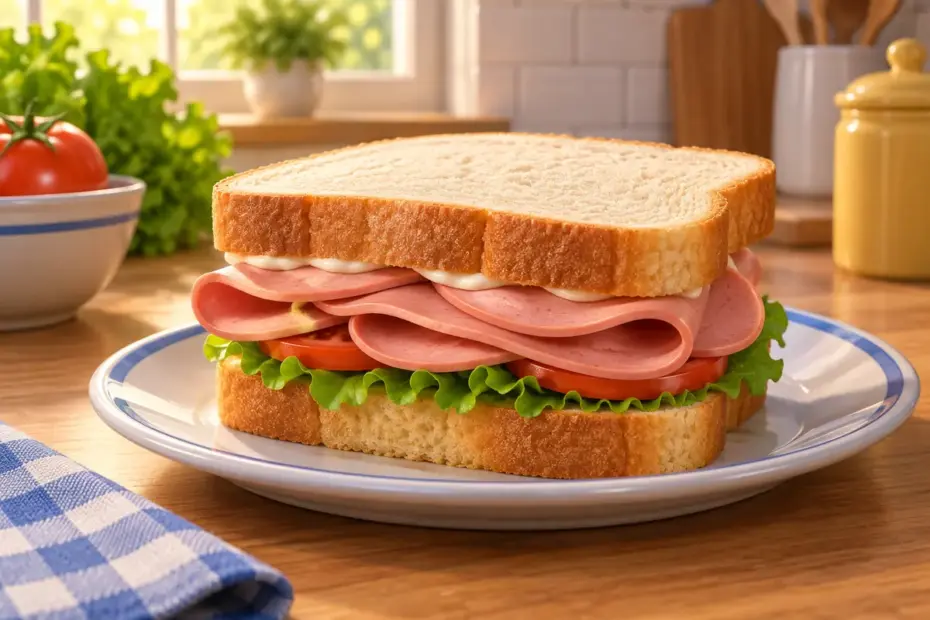 A bologna sandwich rests on a kitchen plate.