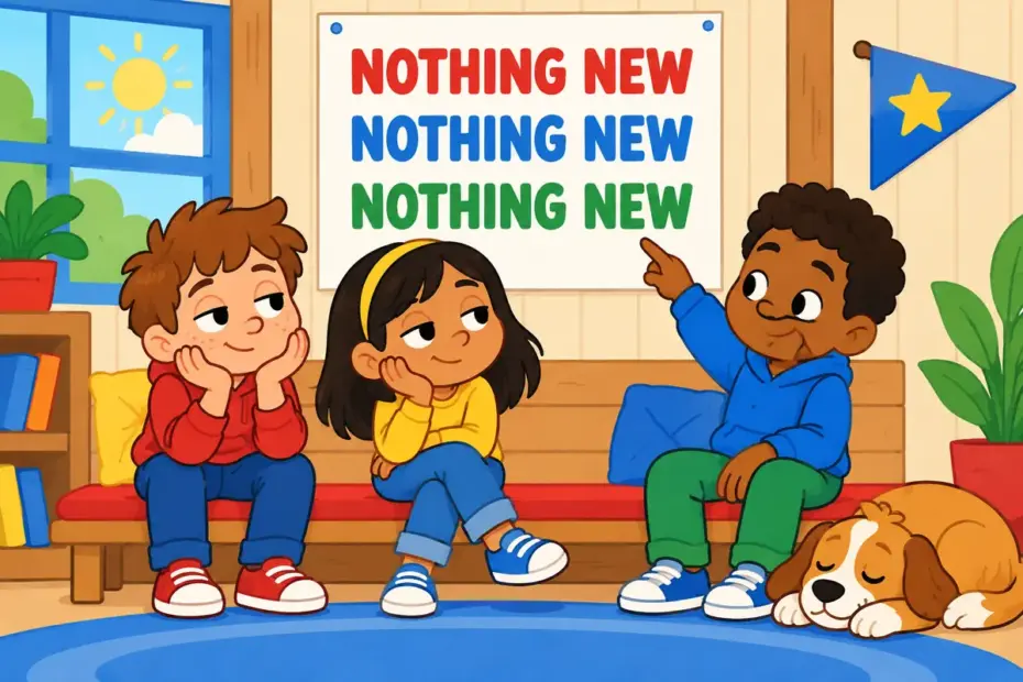 Cartoon children yawn politely at a poster of the same slogan repeated, illustrating banal in a sentence as dull and unoriginal.