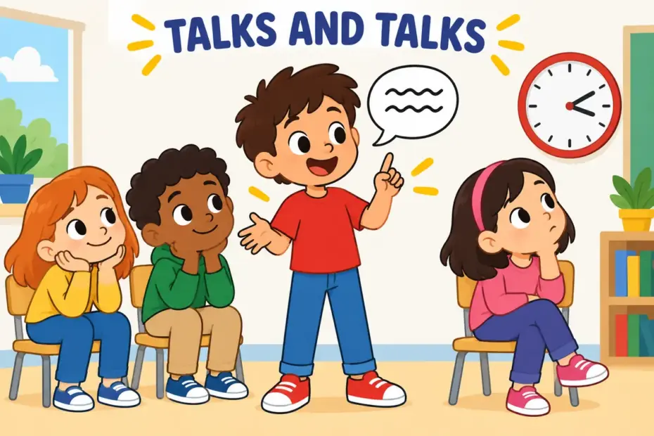 Cartoon children listen as one classmate talks at length beside a clock, showing bang on in a sentence as talking too long.