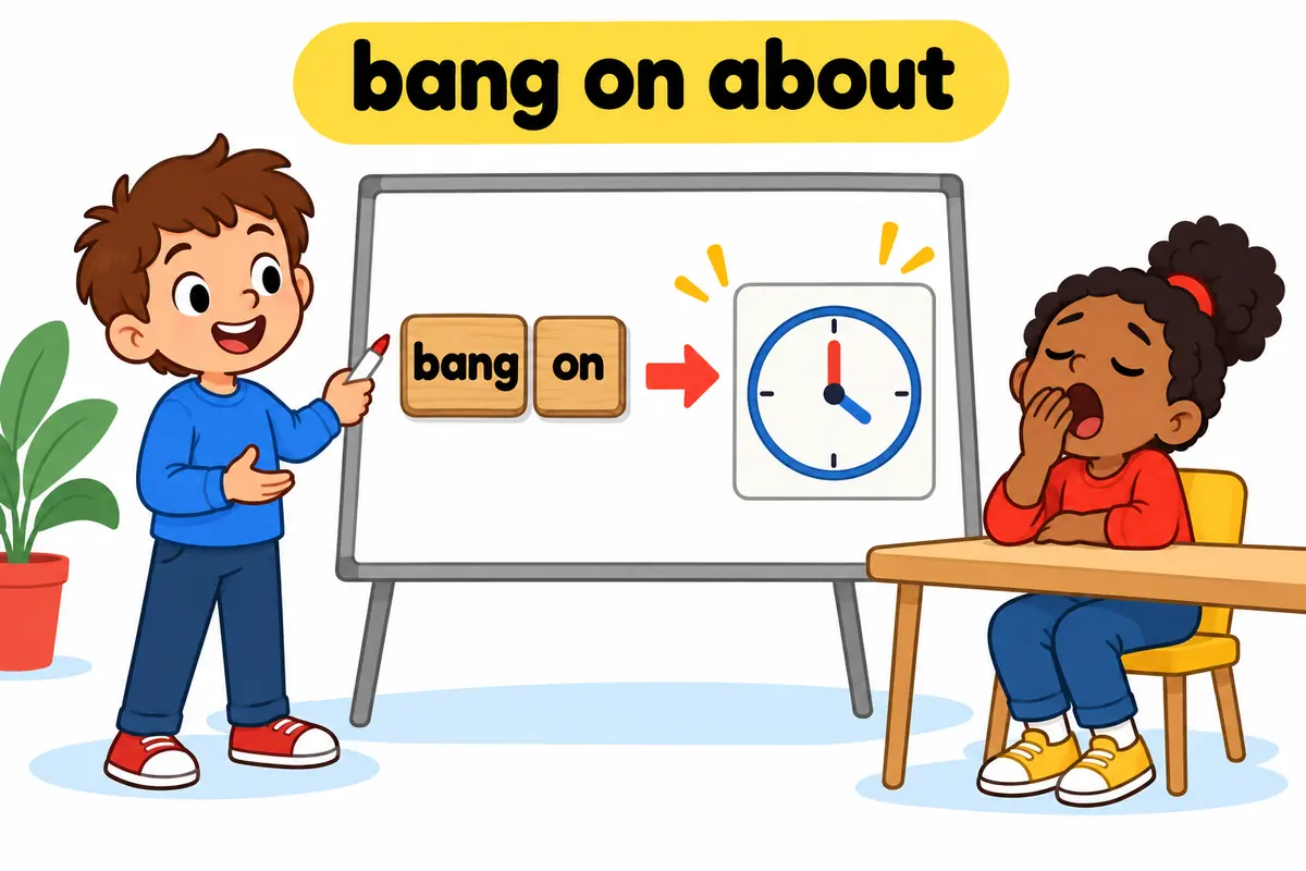A cartoon child at a whiteboard speaks while a large arrow points from the verb to a topic card labelled with a simple picture of a clock.