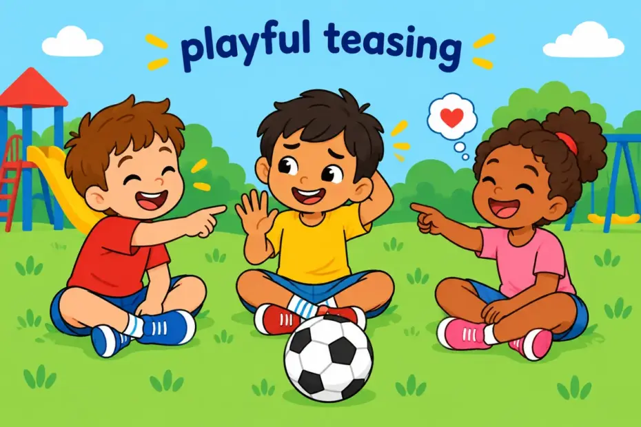 Cartoon friends laugh and swap jokes over a football, showing banter in a sentence as friendly teasing.