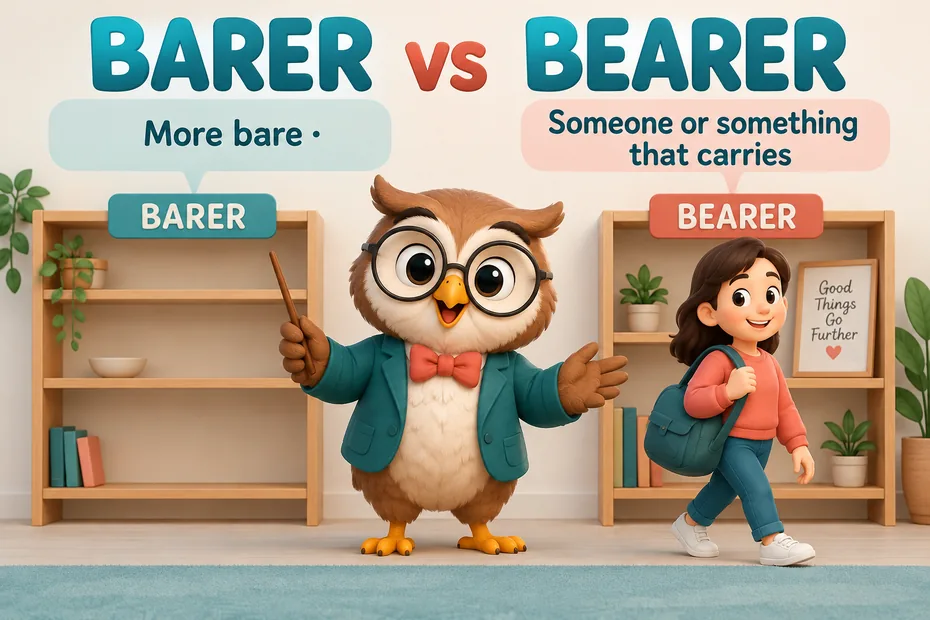 Barer means more bare; bearer names someone or something that carries.