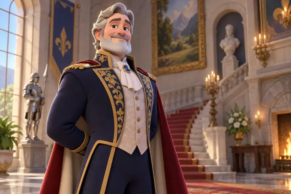 A fictional noble in formal clothing stands in a manor hall.