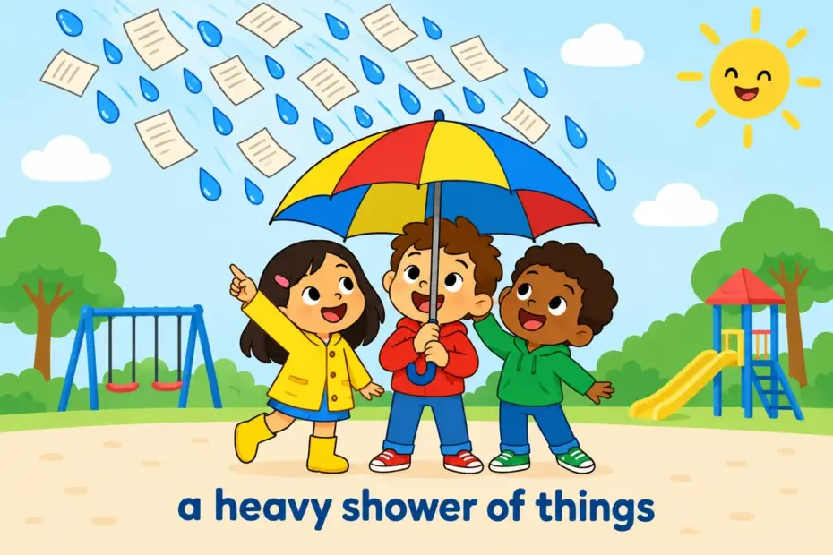 Cartoon children shelter under a falling stream of paper notes and water droplets, showing barrage in a sentence as a heavy continuous flow.