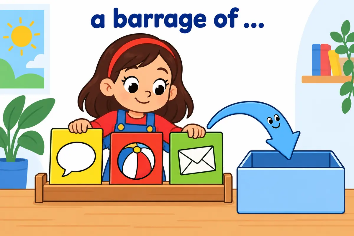 Cartoon cards show of questions, of shells and of emails feeding into the phrase a barrage of on a sentence rail.