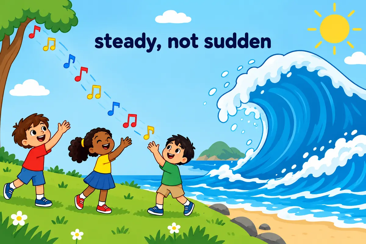 A single unified cartoon scene contrasts a steady arc of falling notes with one enormous wave of water.
