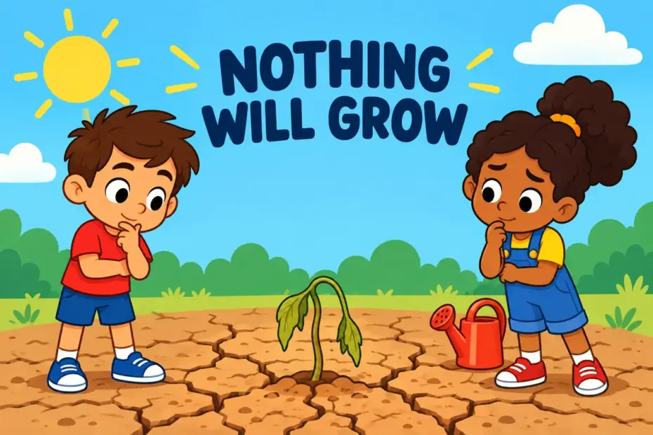 Cartoon children stand beside cracked dry soil with a lone withered sprout, showing barren in a sentence as land that cannot produce.