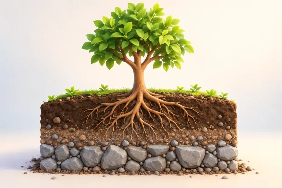 A small tree stands firmly on a layered foundation of soil and stone.
