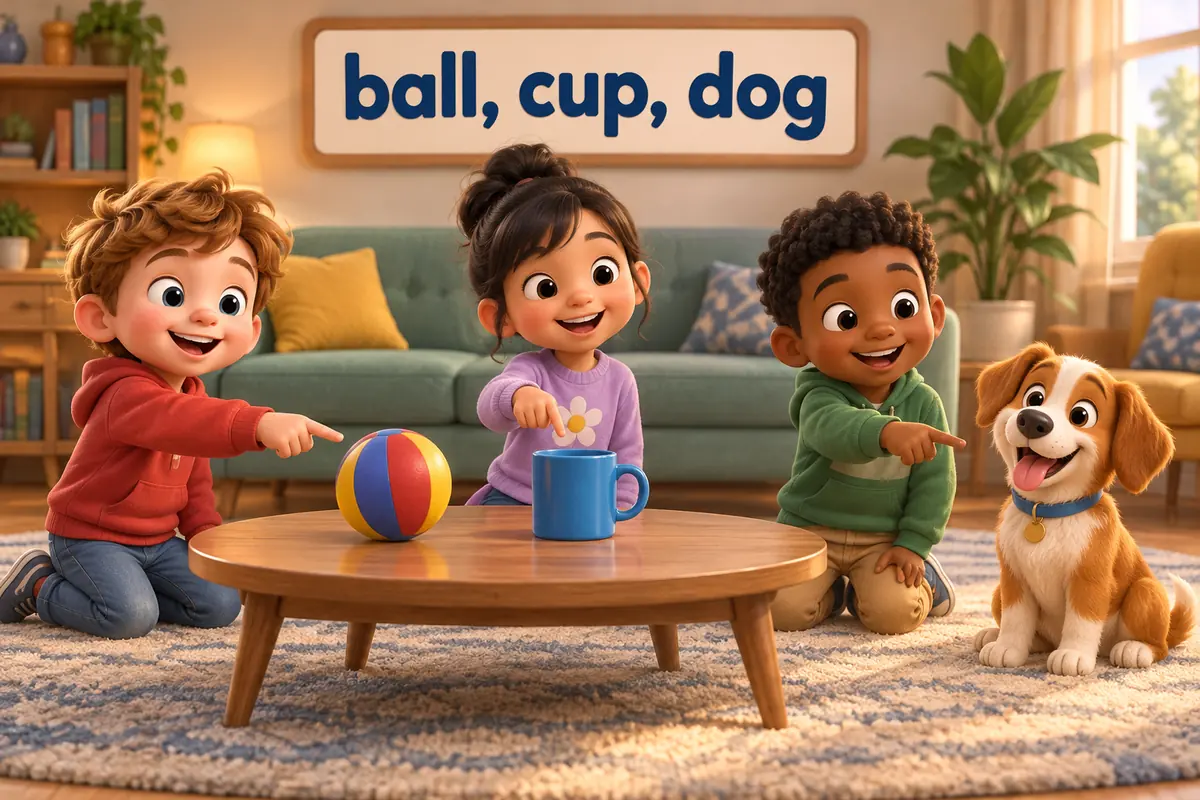 Cartoon children point to a ball, a cup and a dog, showing basic English vocabulary words for kids in daily use.