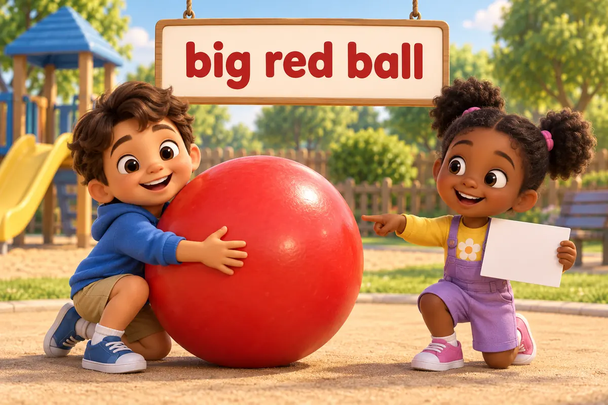 A cartoon child holds a large red ball while a friend points at a matching card with a simple picture.