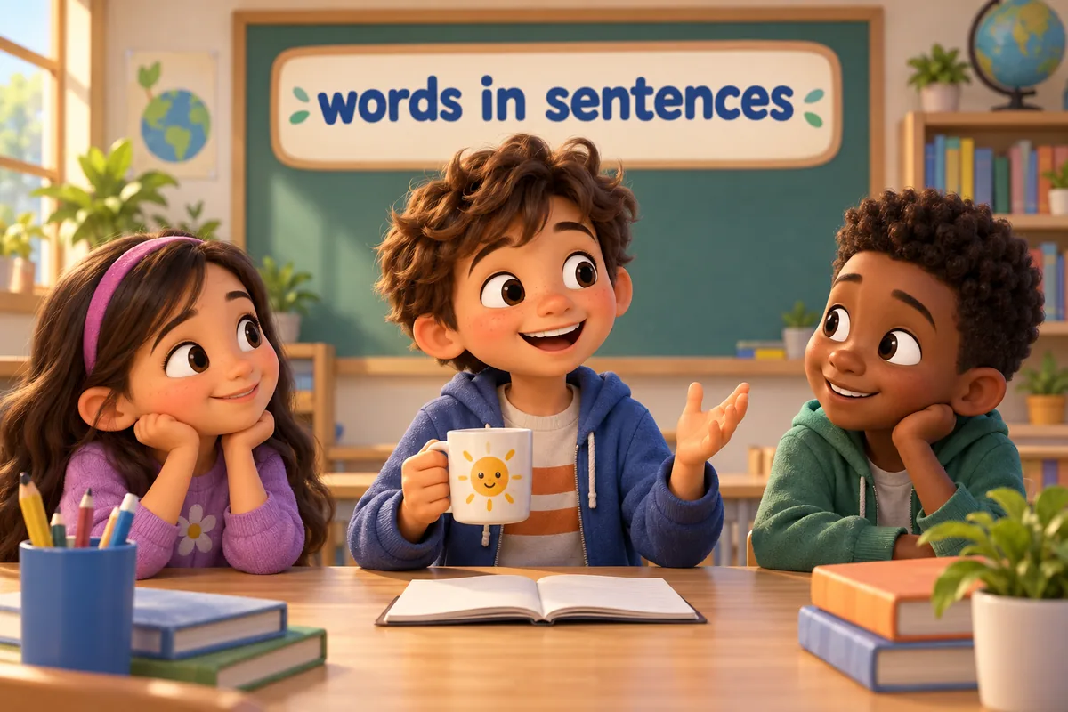 A cartoon child speaks in a speech bubble while holding a cup during a shared classroom activity.