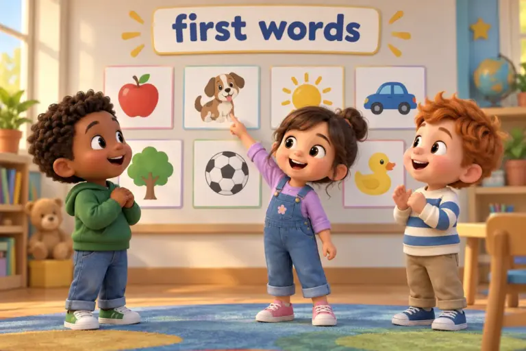 Cartoon children learn basic English words meanings for beginners from a picture word wall in a classroom.