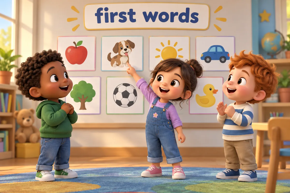 Cartoon children learn basic English words meanings for beginners from a picture word wall in a classroom.