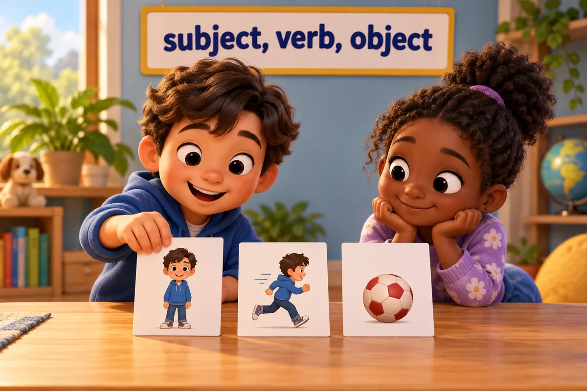 A cartoon child builds a simple sentence from picture cards of a person, a verb and an object.