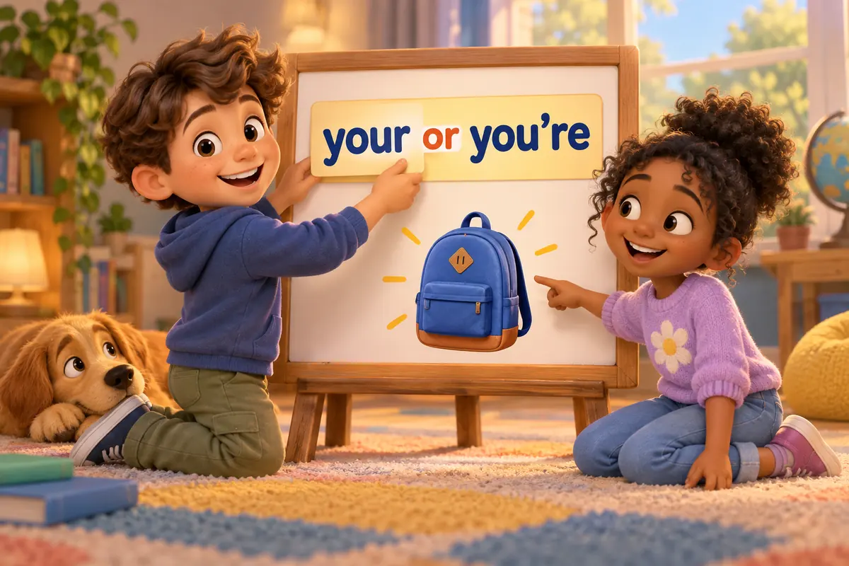 A cartoon child corrects a sign that says your to you are using a small card.