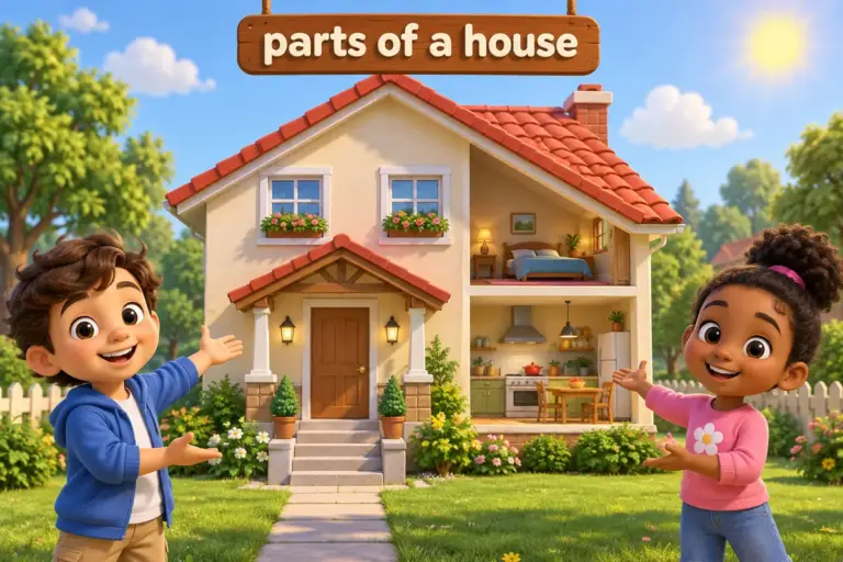 Cartoon basic parts of the house shown as a cutaway with a roof, windows, a door, stairs and a kitchen.