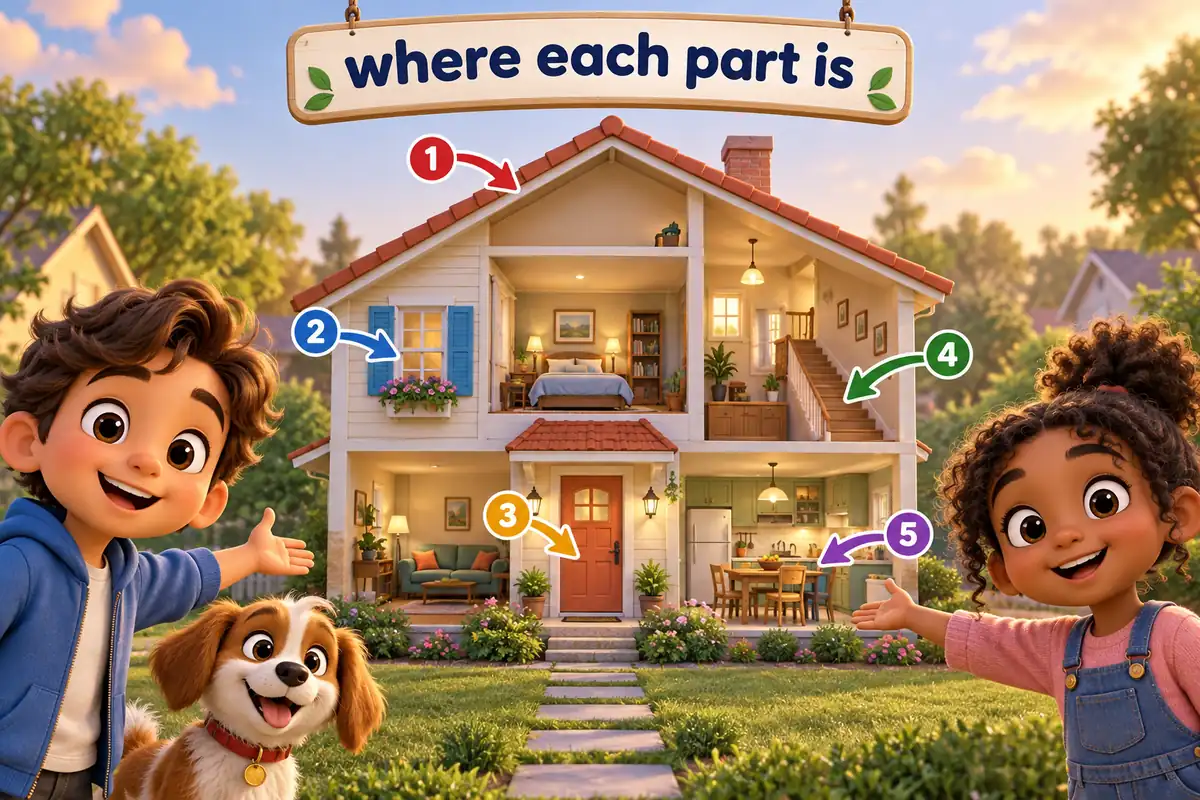 Cartoon house cutaway labels the roof, window, door, stairs and kitchen.