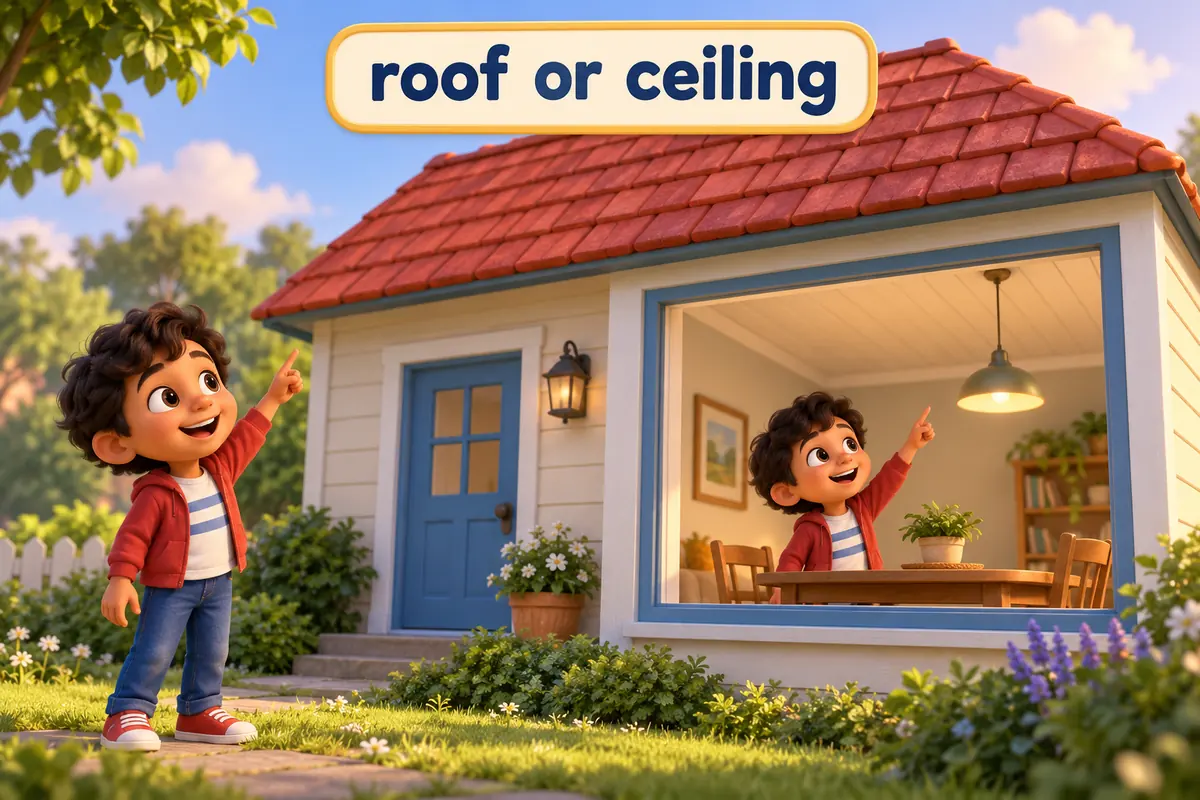 A cartoon child points out the difference between a roof and a ceiling inside a house.