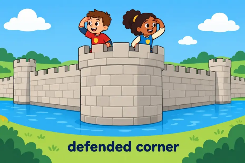 Cartoon children stand on a projecting corner of a castle wall looking out, showing bastion in a sentence as a defended corner.