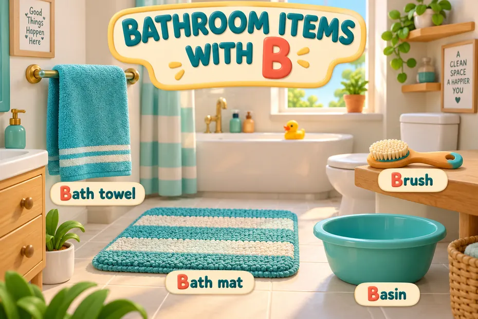 Bathroom items beginning with B include bath towel, bath mat, brush, and basin.
