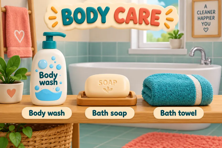Body care vocabulary: body wash, bath soap, and bath towel.