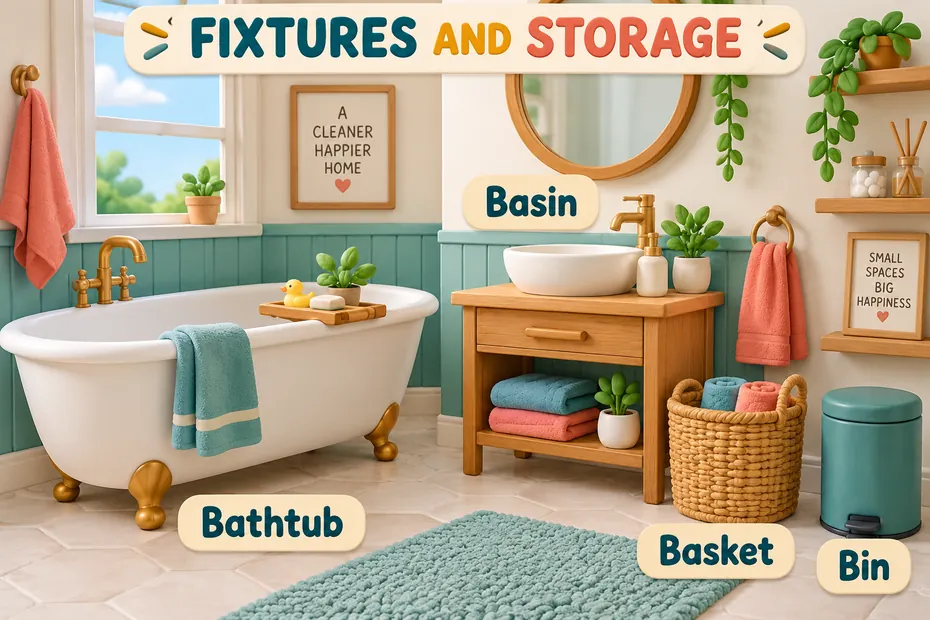 Bathroom fixtures and storage: bathtub, basin, basket, and bin.