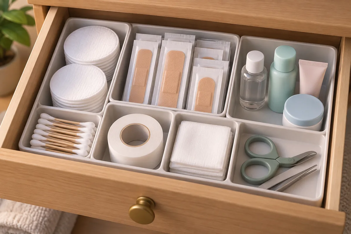 A compact bathroom organizer separates cotton pads, bandages, and daily toiletries.
